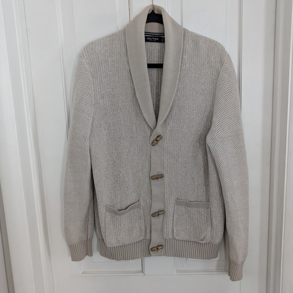 Nautica Preppy Fisherman Cardigan Sweater MEDIUM Toggle Shawl Collar Oatmeal Men